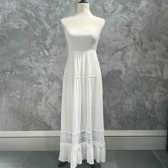 White Strapless Boho Embroidered A-Line Dress Holiday Wedding Romantic Festival - Picture 6 of 12